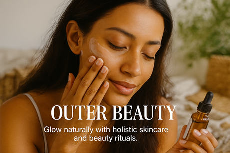 Woman applying skincare oil, promoting holistic beauty. Warm lighting, focused on face, holding dropper bottle.