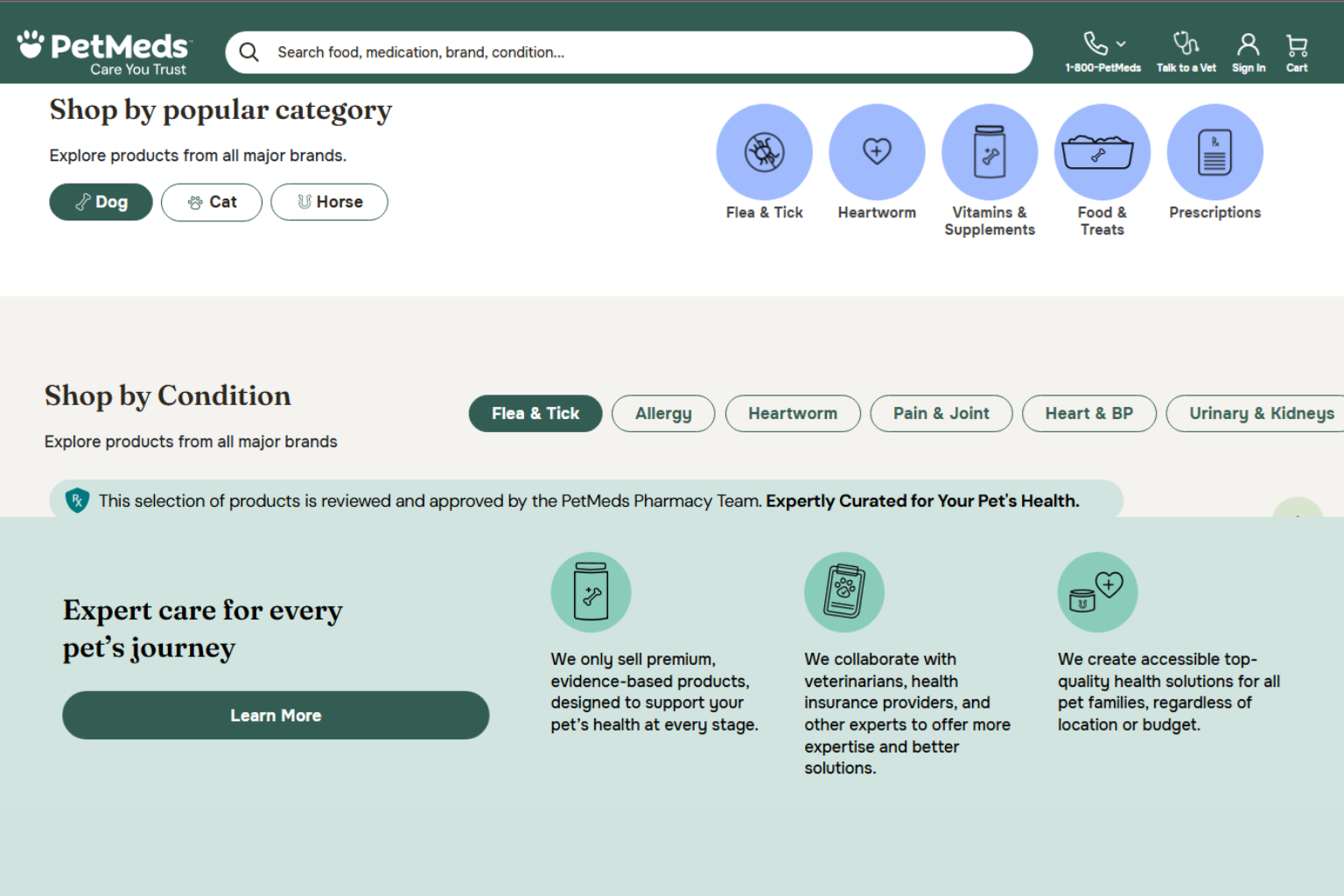 PetMeds website homepage showcasing products for pets.