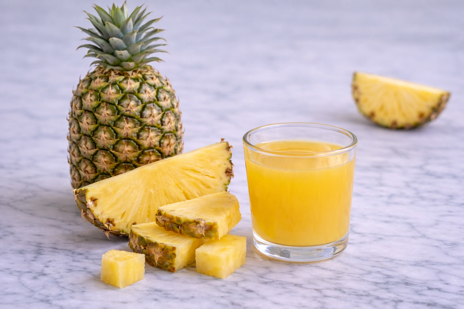 Fresh pineapple and pineapple slices with a small glass of pineapple juice