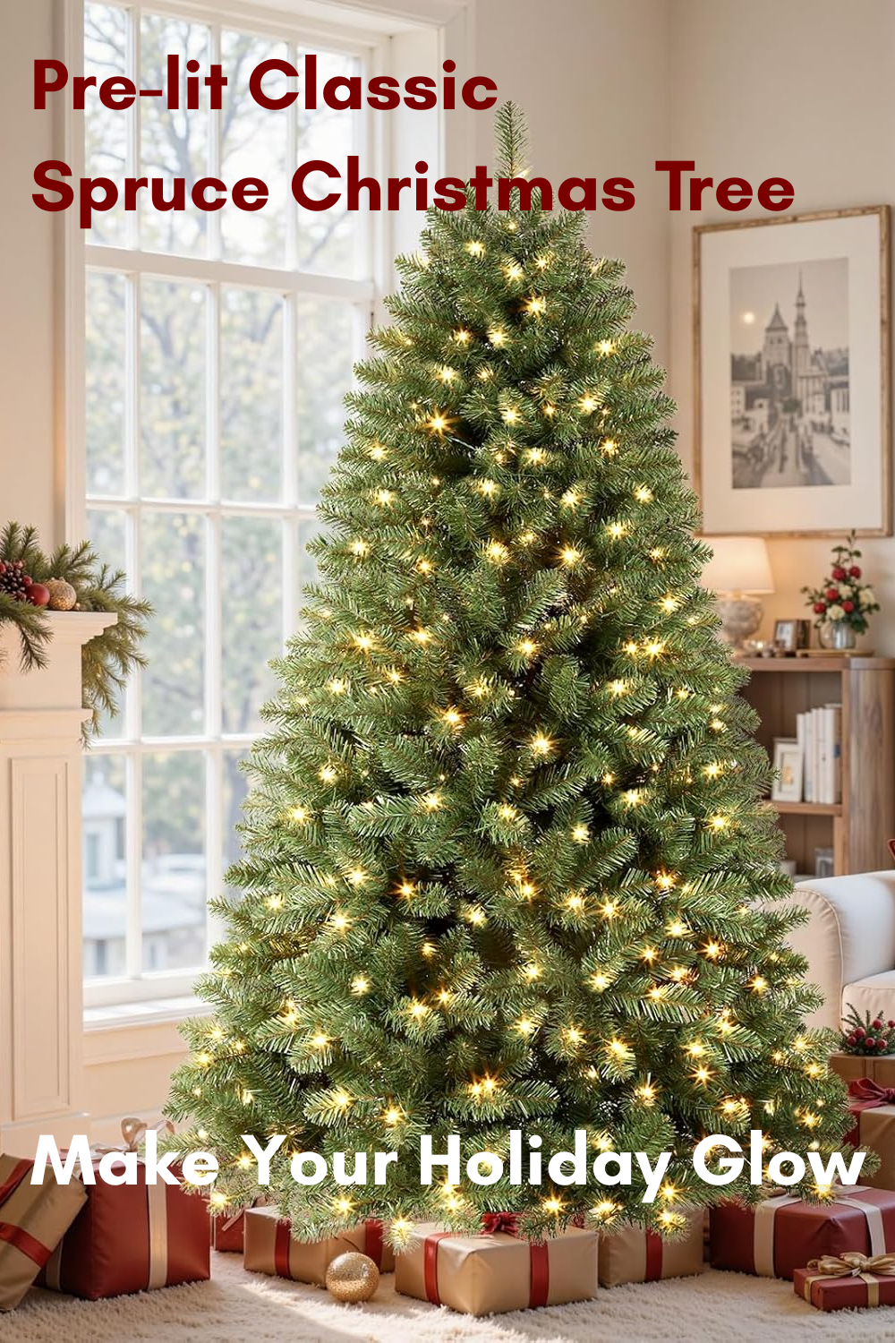 Pre-lit spruce Christmas tree in a living room, glowing lights, wrapped presents at the base.