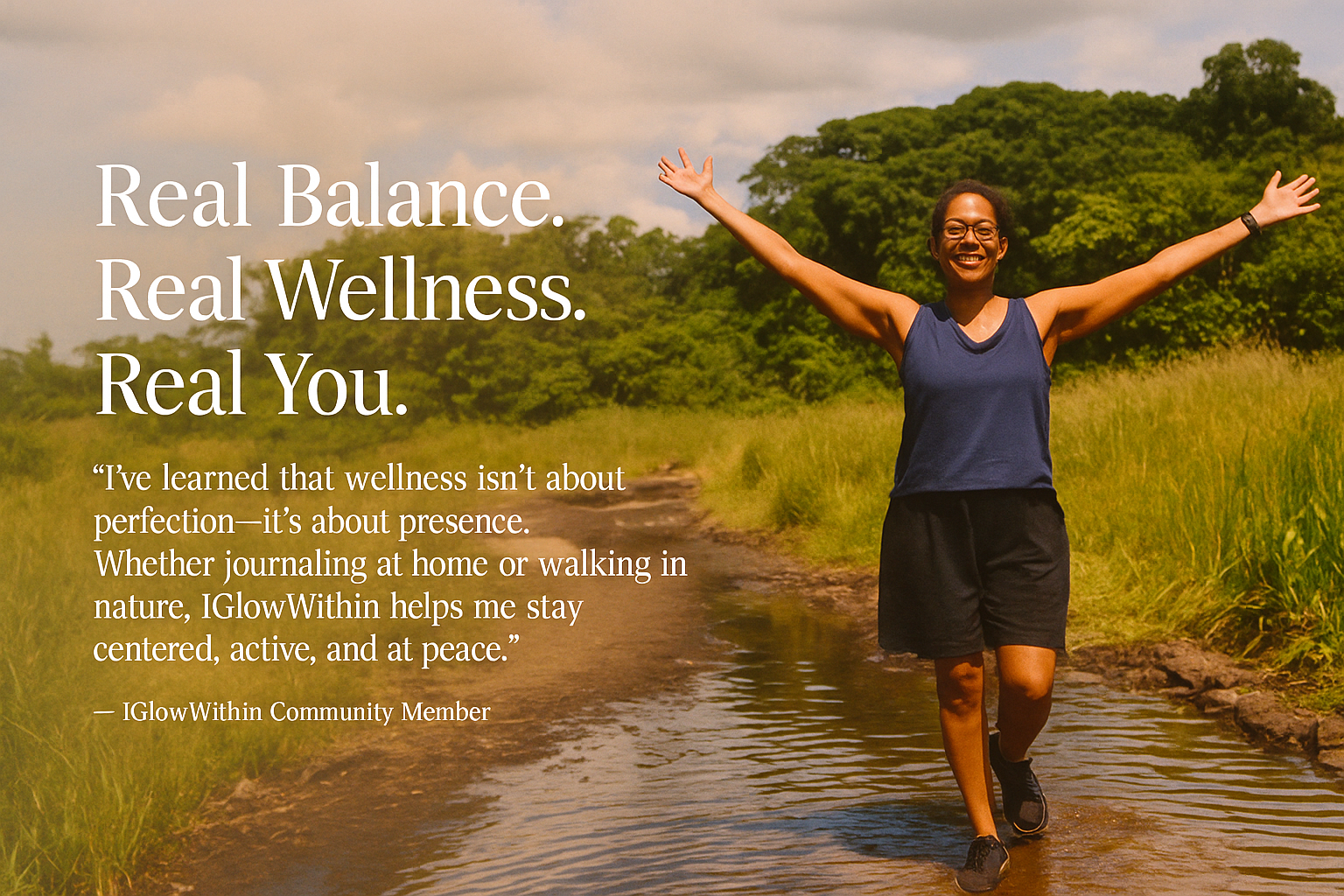 Woman walking with arms raised, in water, on a trail, with text: 
