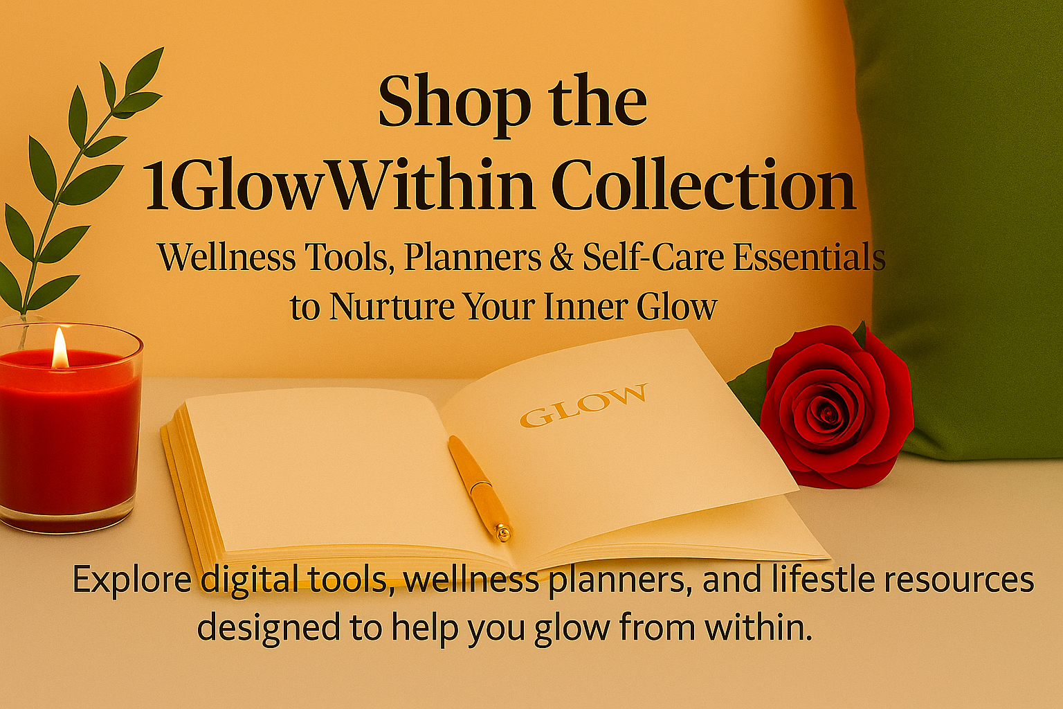 Advertisement for 1GlowWithin Collection featuring wellness tools: open book with