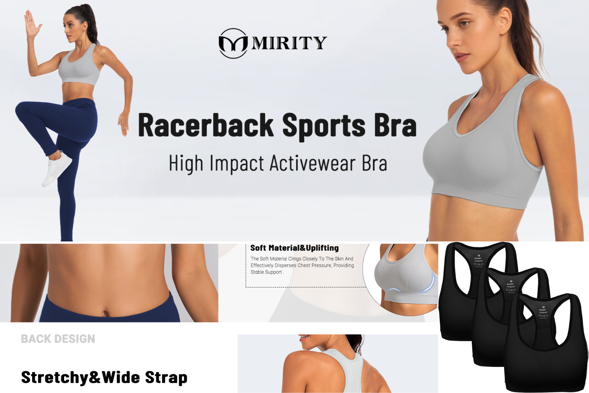 Sports bra product display: woman in activewear, bra in black and gray, with close-up details.