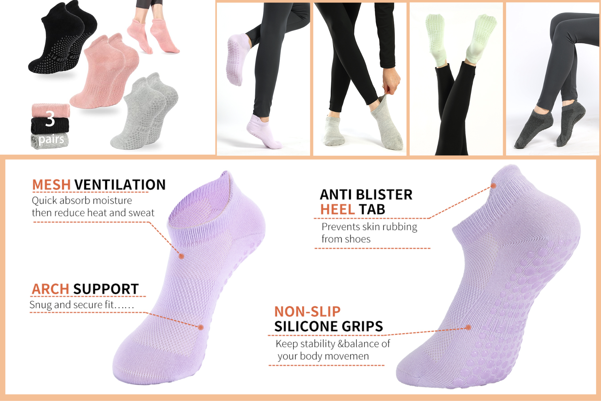 Assorted ankle socks in various colors with features like mesh ventilation and anti-blister tabs.
