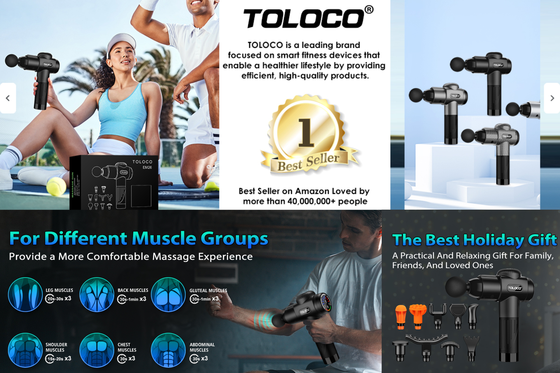 TOLOCO massage guns: people using them on a tennis court, product display, muscle group examples, and holiday gift set.