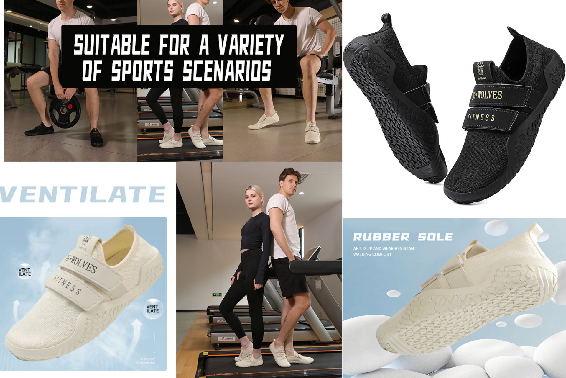 Shoes for various sports. People wear them in gyms and walking. Black and white shoes are shown.