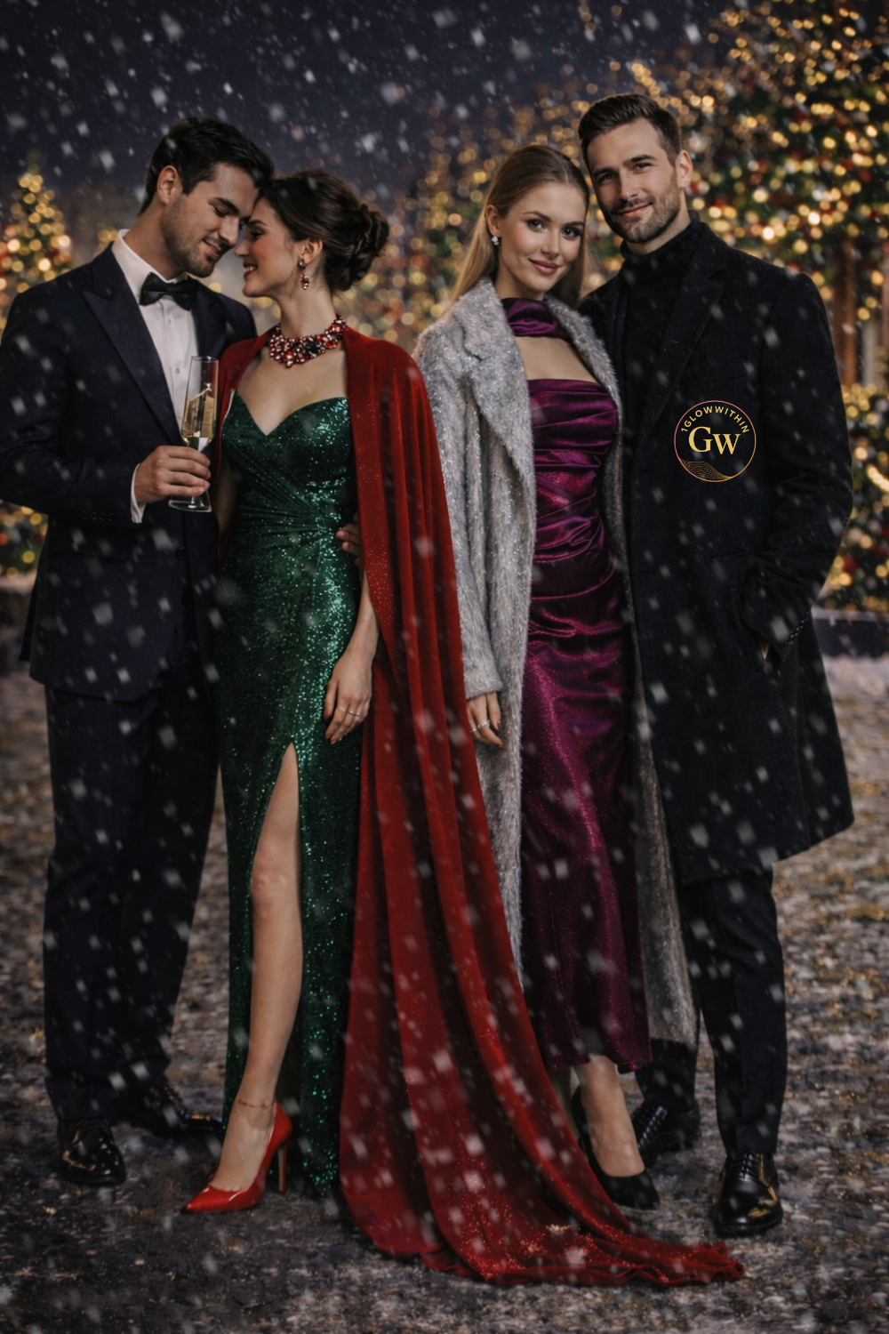 Four people in formal attire pose outdoors in a snowy scene, festive trees behind them.
