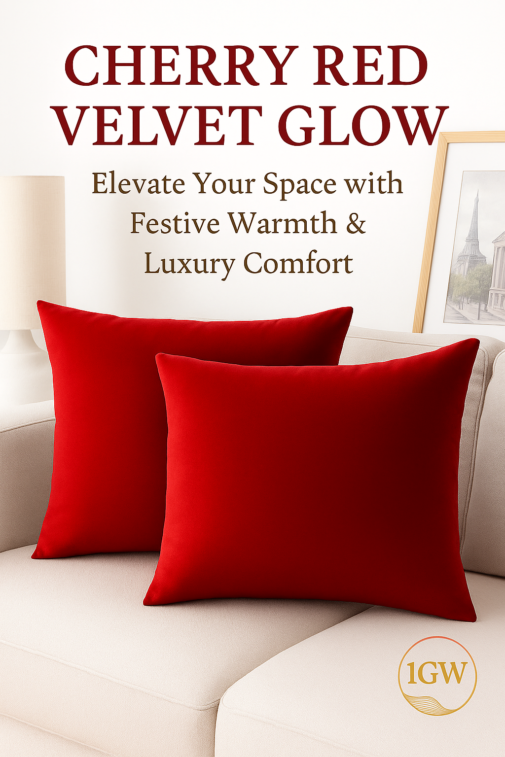 Cherry Red velvet pillows add bold color to living room decor