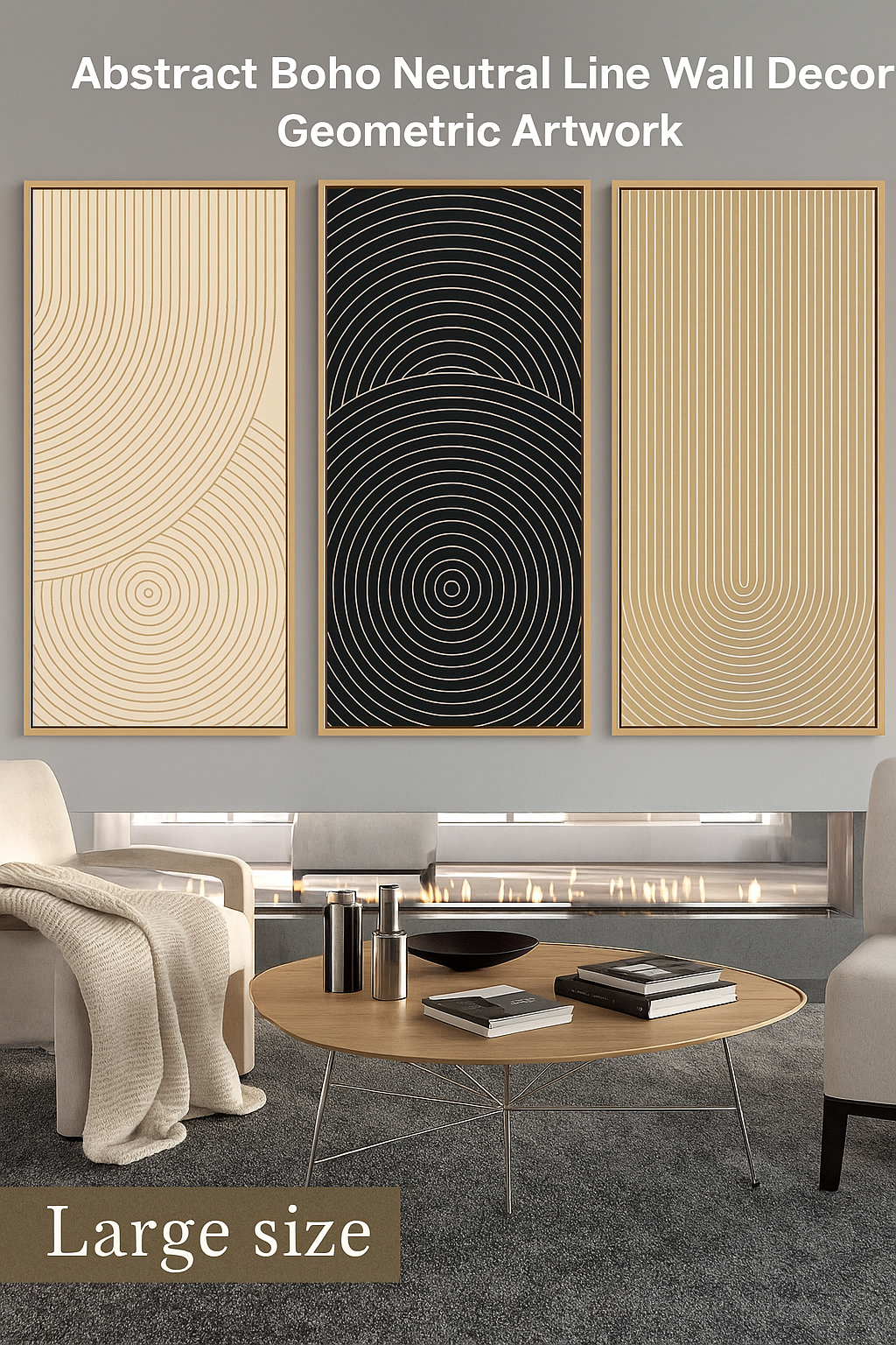 Beige and champagne wall art creates serene winter glow aesthetic.