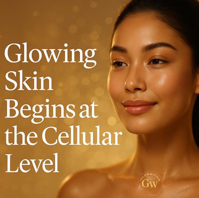 Woman with radiant skin; text: