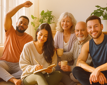 Group of smiling people indoors, some holding cups, one writing in a notebook, another with arm raised.