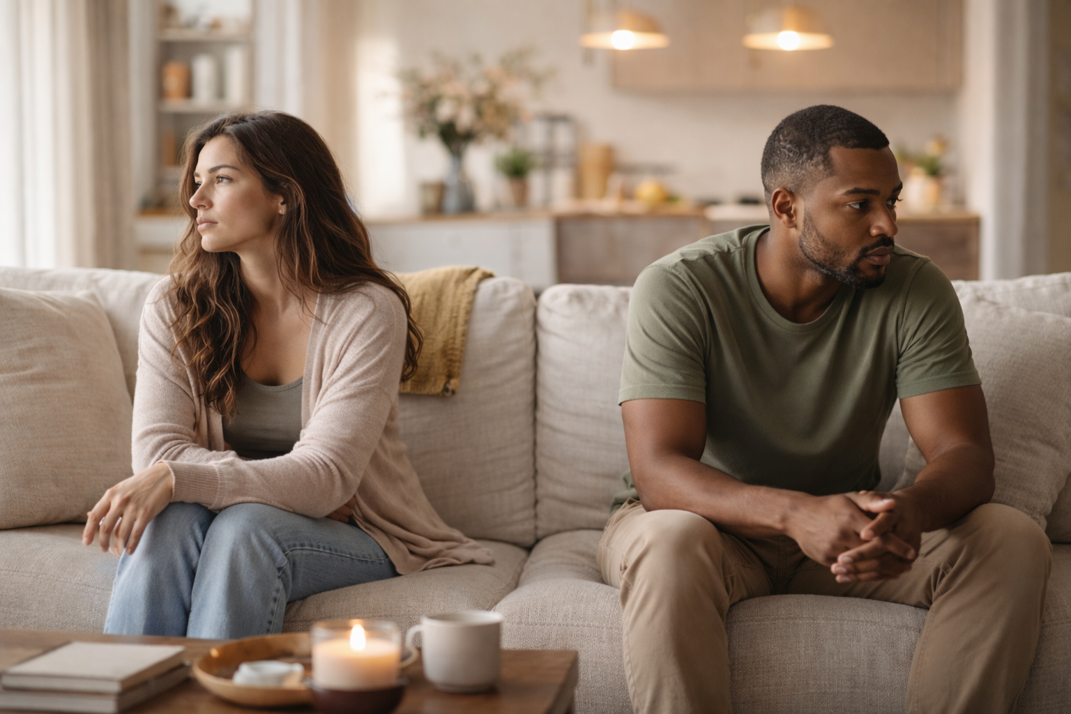 Relationship couple sitting together but emotionally distant