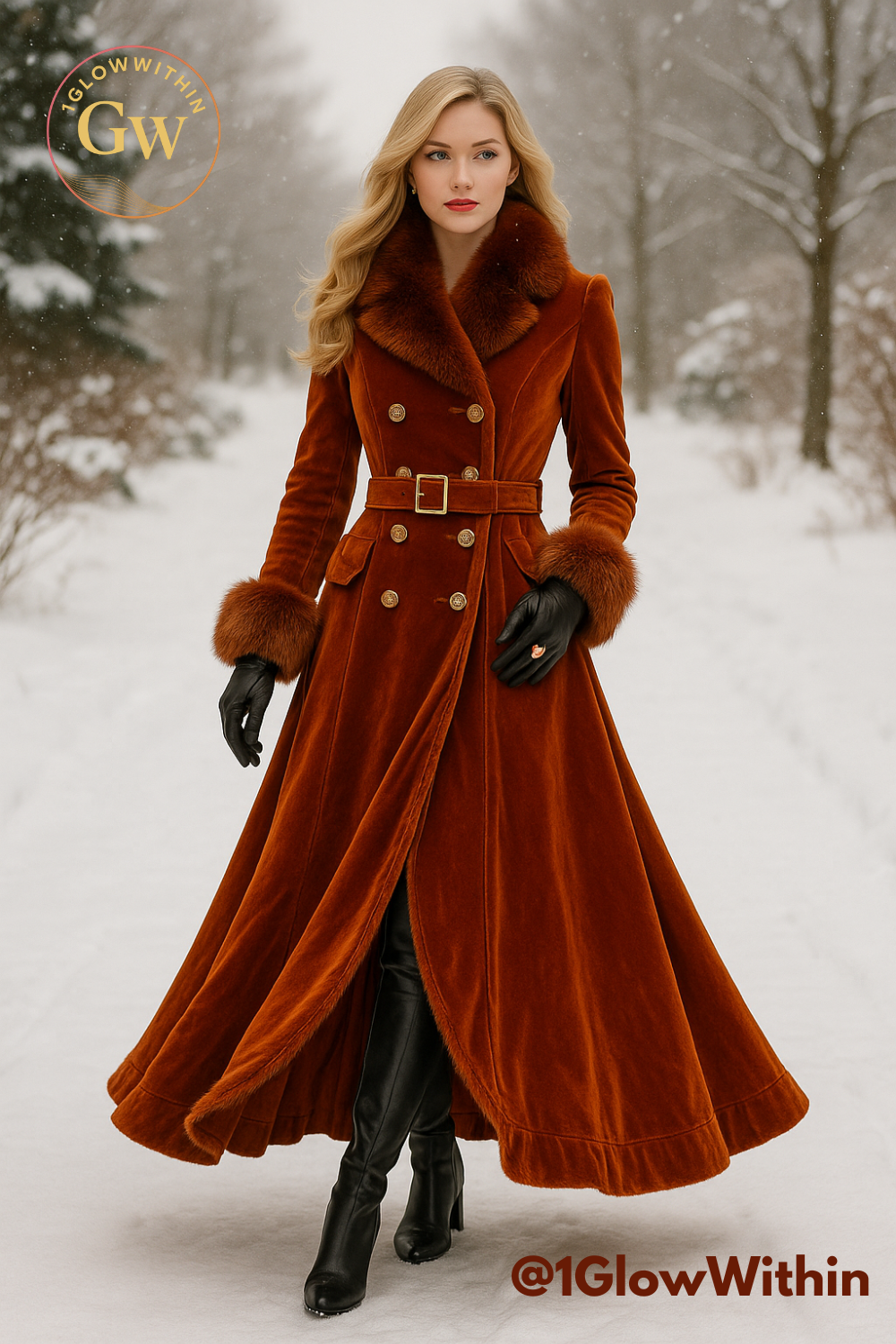 Woman in a long, rust-colored velvet coat with fur trim, walking in a snowy, wooded path.