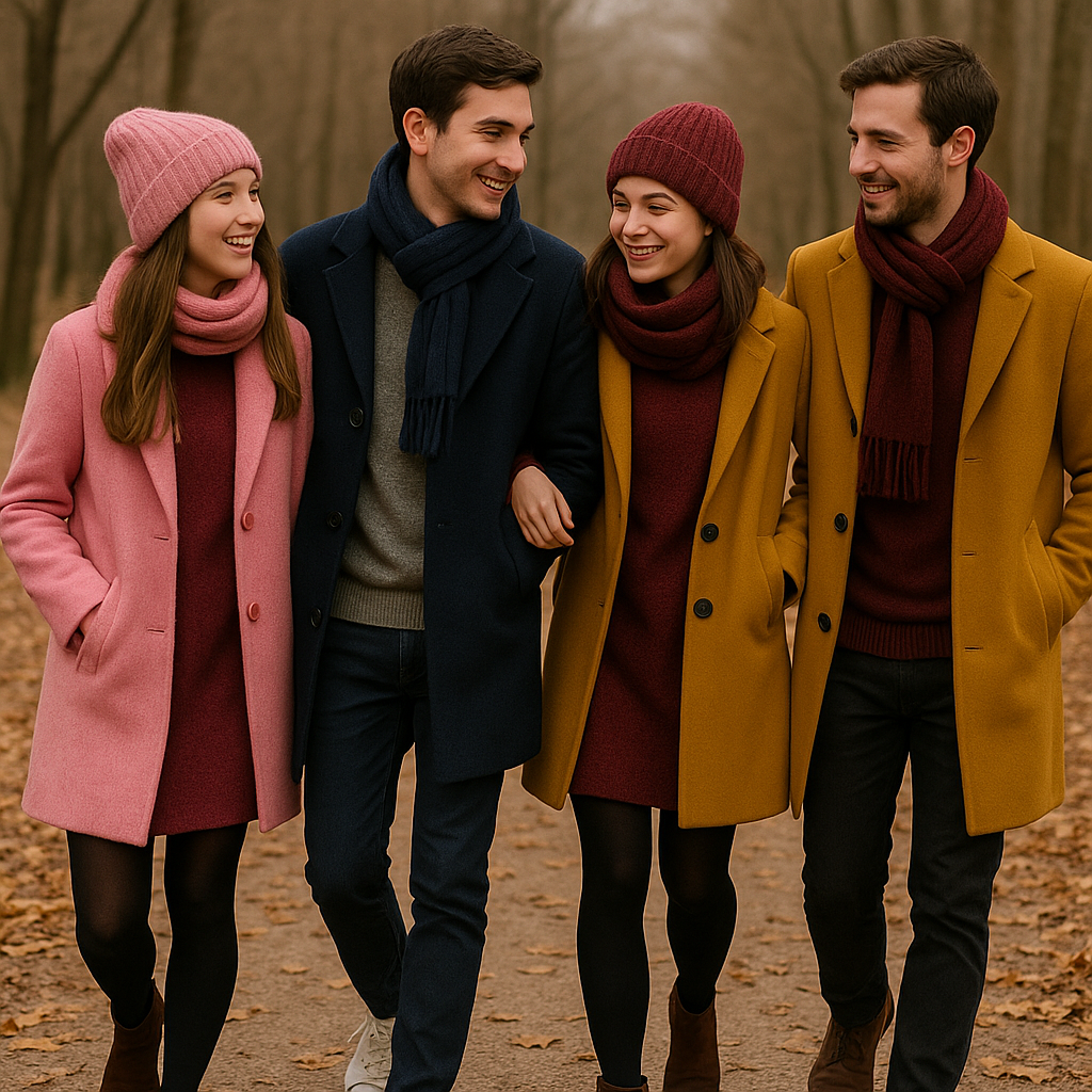 Four people walking arm-in-arm in fall attire: two women, two men; coats, scarves, and hats; in a park.