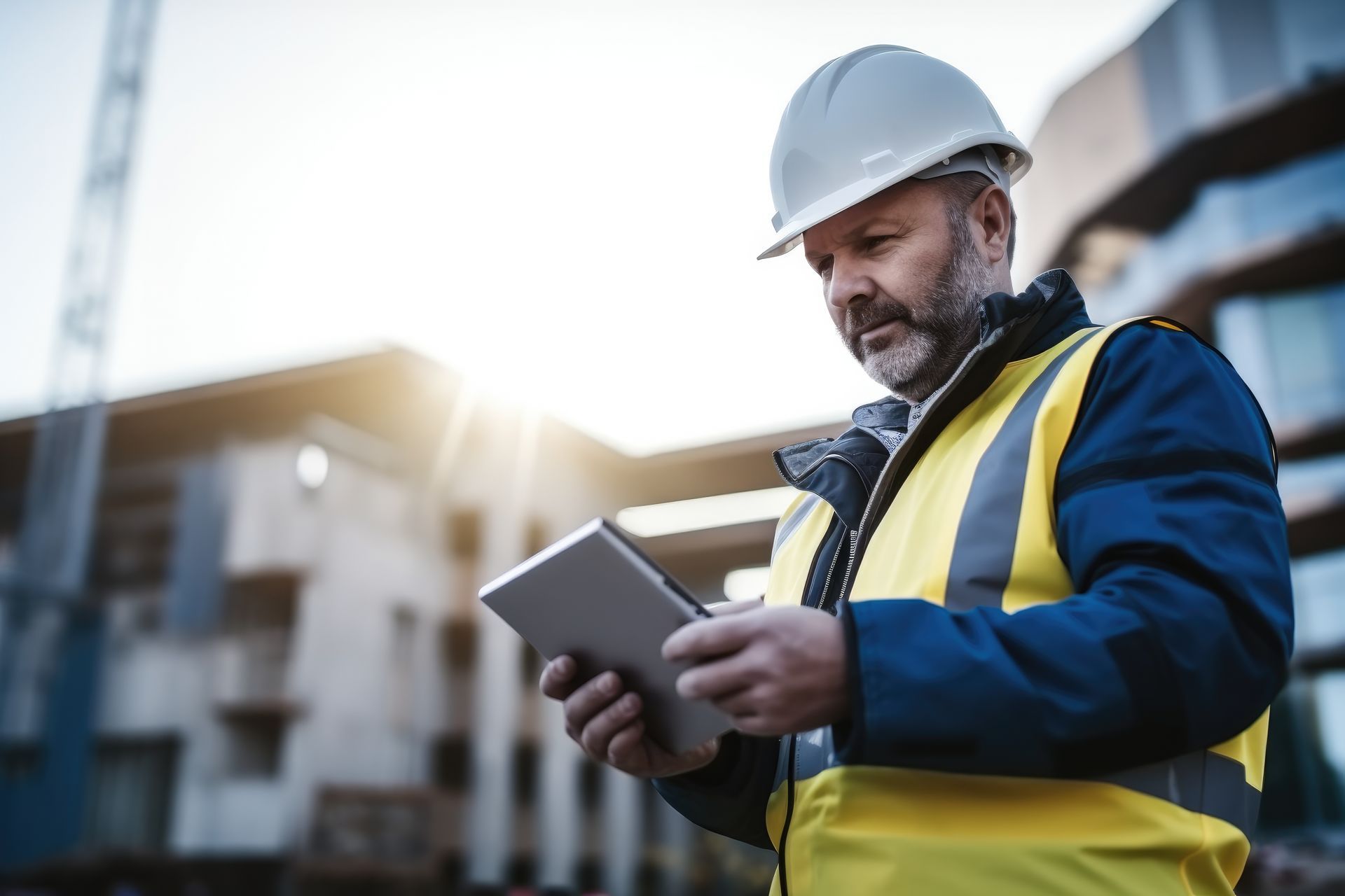 Un professionnel du bâtiment, portant un casque et un gilet de sécurité, examine des plans sur une tablette numérique sur un chantier.