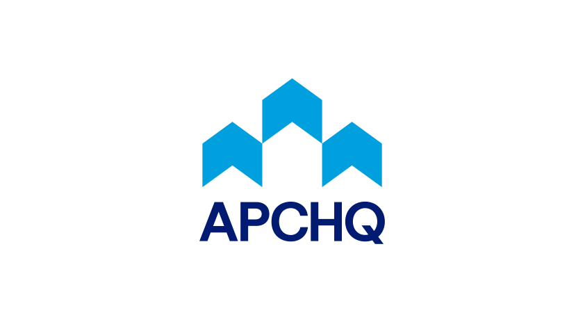 Le logo apchq est bleu et blanc et ressemble à une montagne.