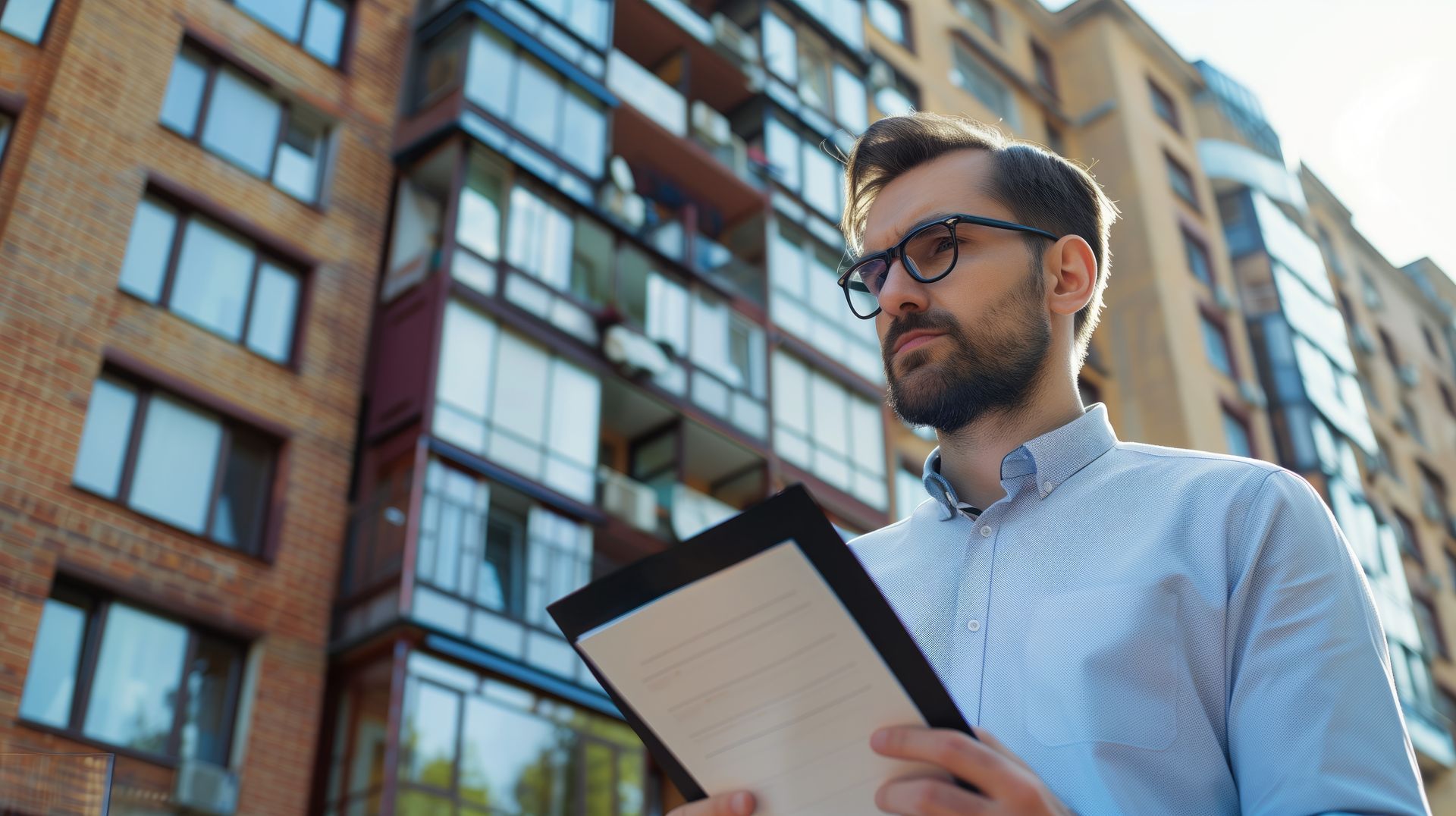 Un homme portant des lunettes examine des documents devant un immeuble moderne.