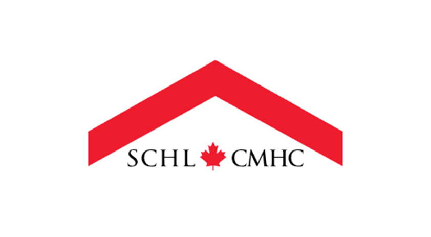 Le logo de schl cmhc est une flèche rouge avec une feuille d'érable dessus.