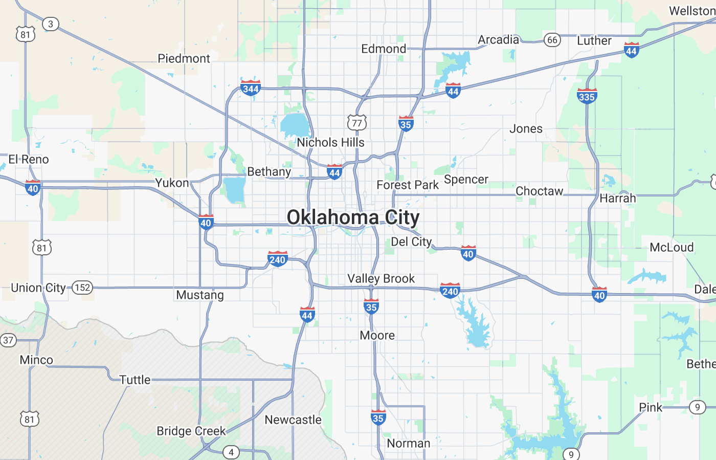 Map showing the general service area of the business.