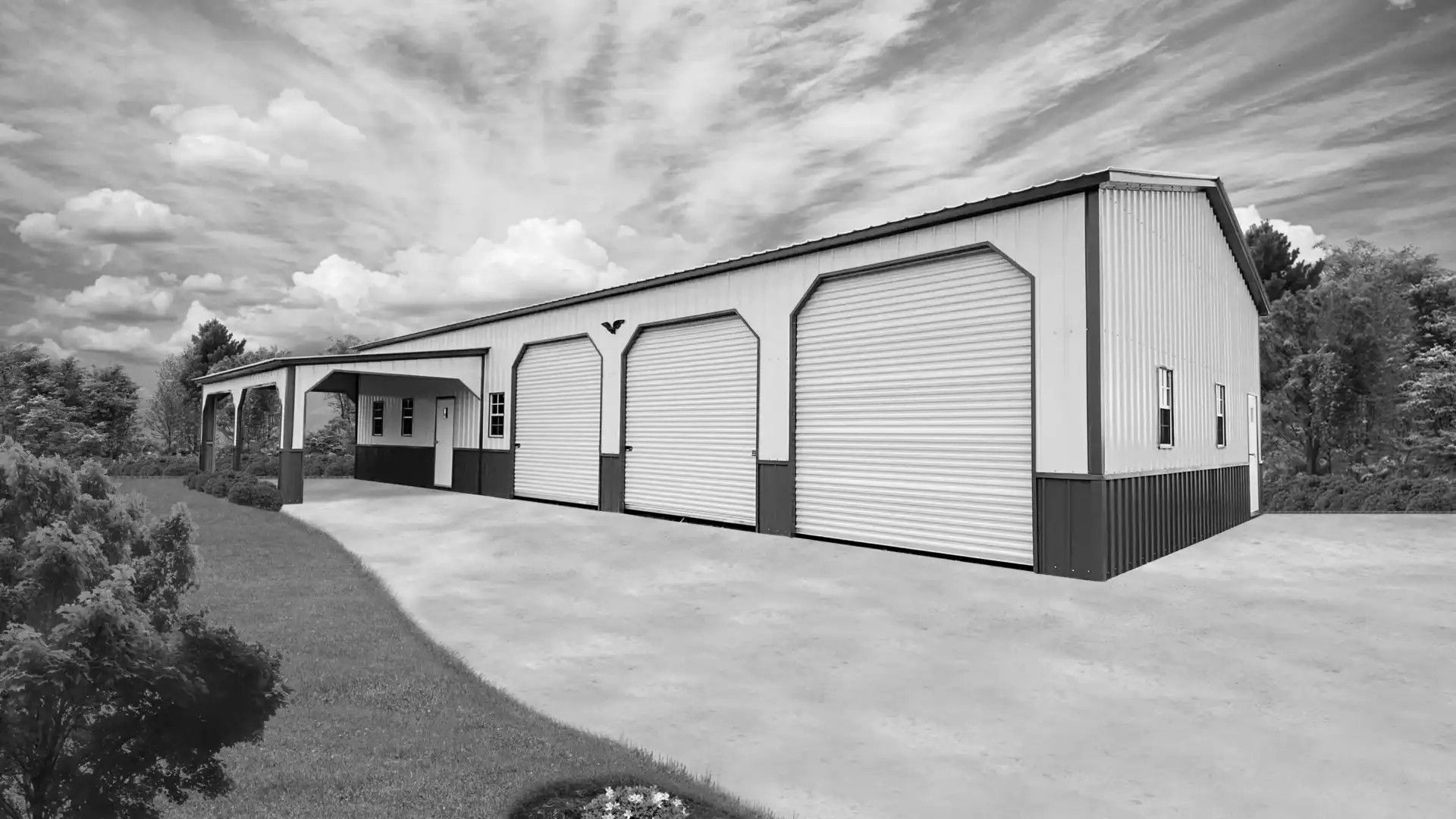 Black and white rendering of a large metal garage with three bays and a covered porch.