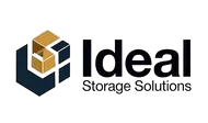 Logo for Ideal Storage Solutions: navy blue and gold stacked cube icon next to black text.