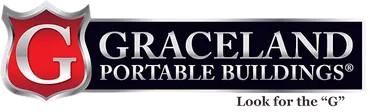Graceland Portable Buildings logo: Red shield with a 