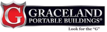 Graceland Portable Buildings logo: Red shield with a 