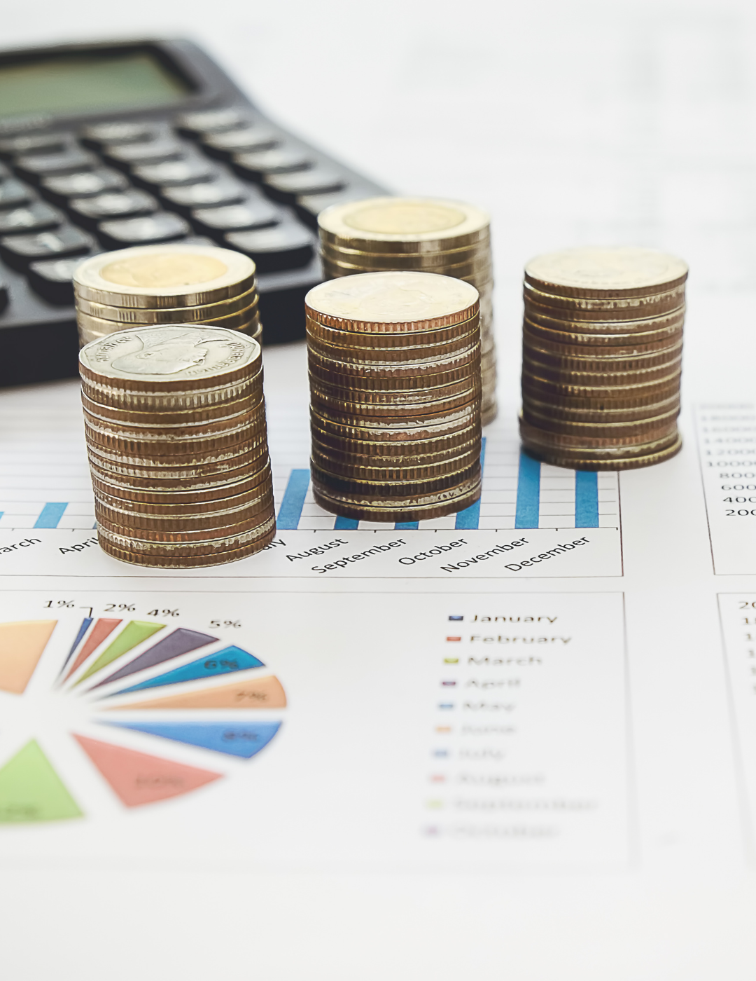 Stacks of coins are sitting on top of a graph next to a calculator.