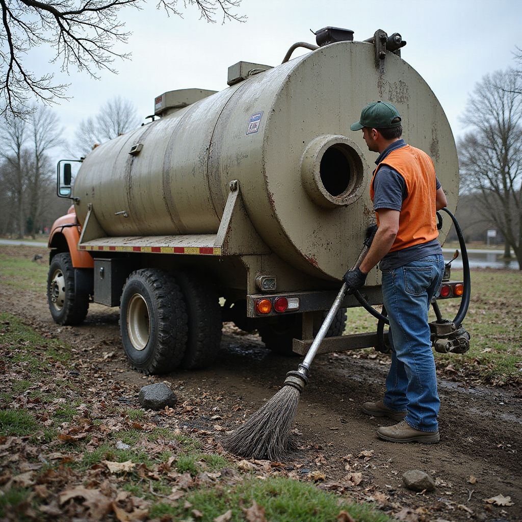 Man in orange vest, green cap, and jeans uses broom, cleaning around a large sewage tank truck.