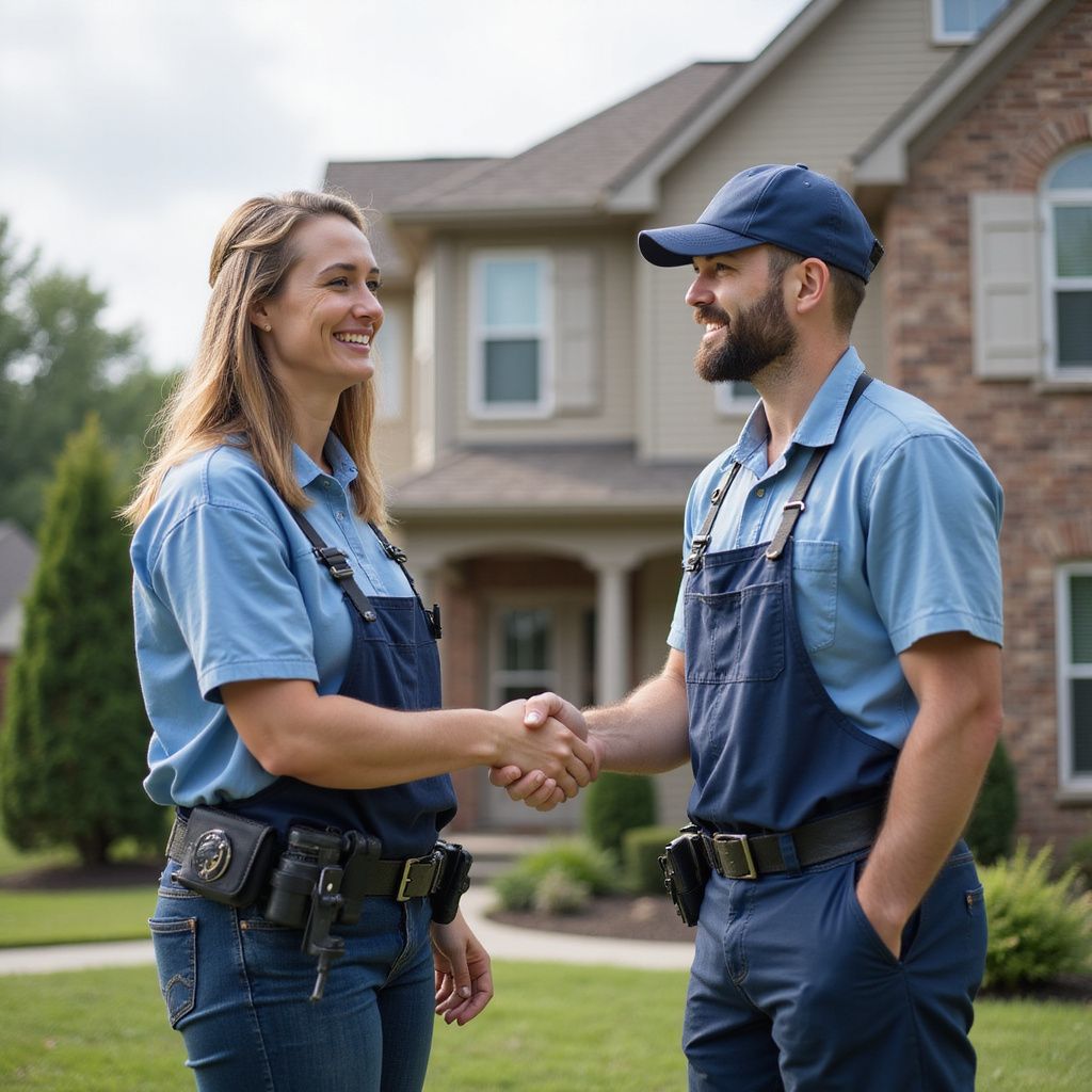 Two service workers shake hands in front of a house. They wear matching blue shirts and overalls, smiling.
