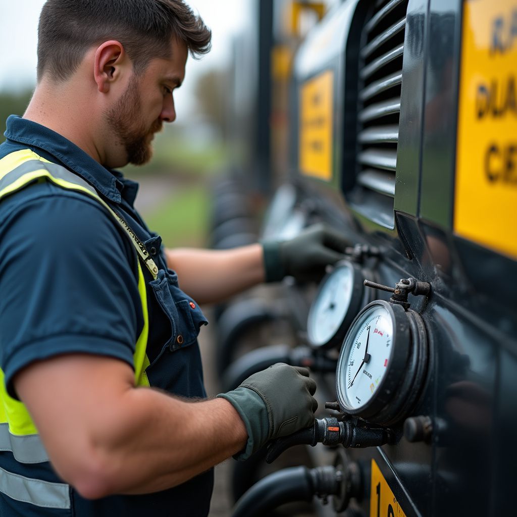 Man in work vest checking gauges on large equipment.