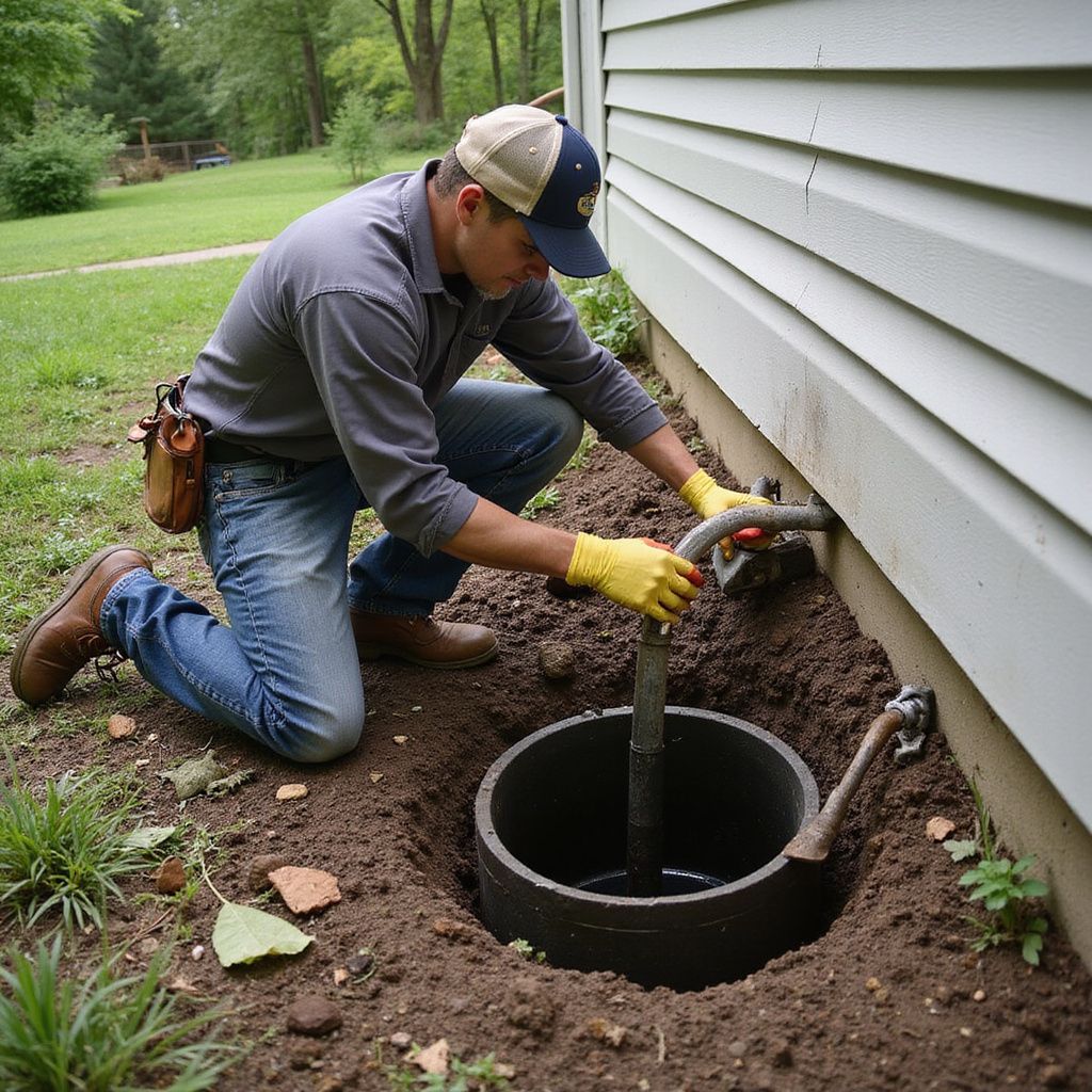 Man in yellow gloves examines a pipe in a concrete well near a house.