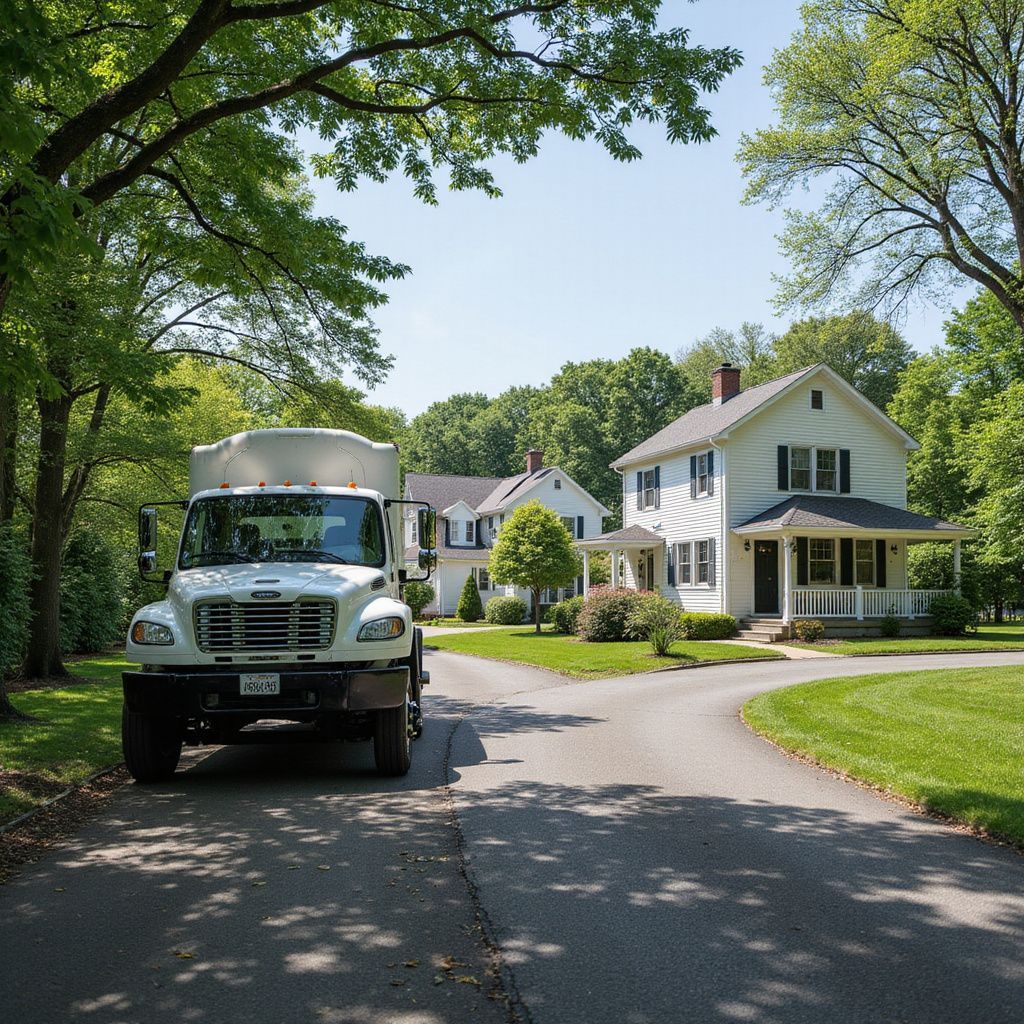 White truck parked on a driveway in front of a white two-story house with a porch, surrounded by trees.