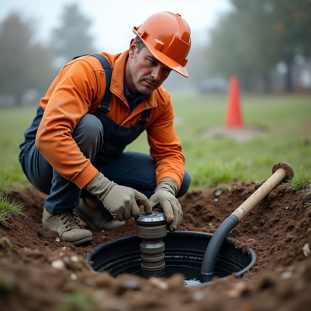 Construction worker in orange hard hat and coveralls inspecting a well in a grassy area.