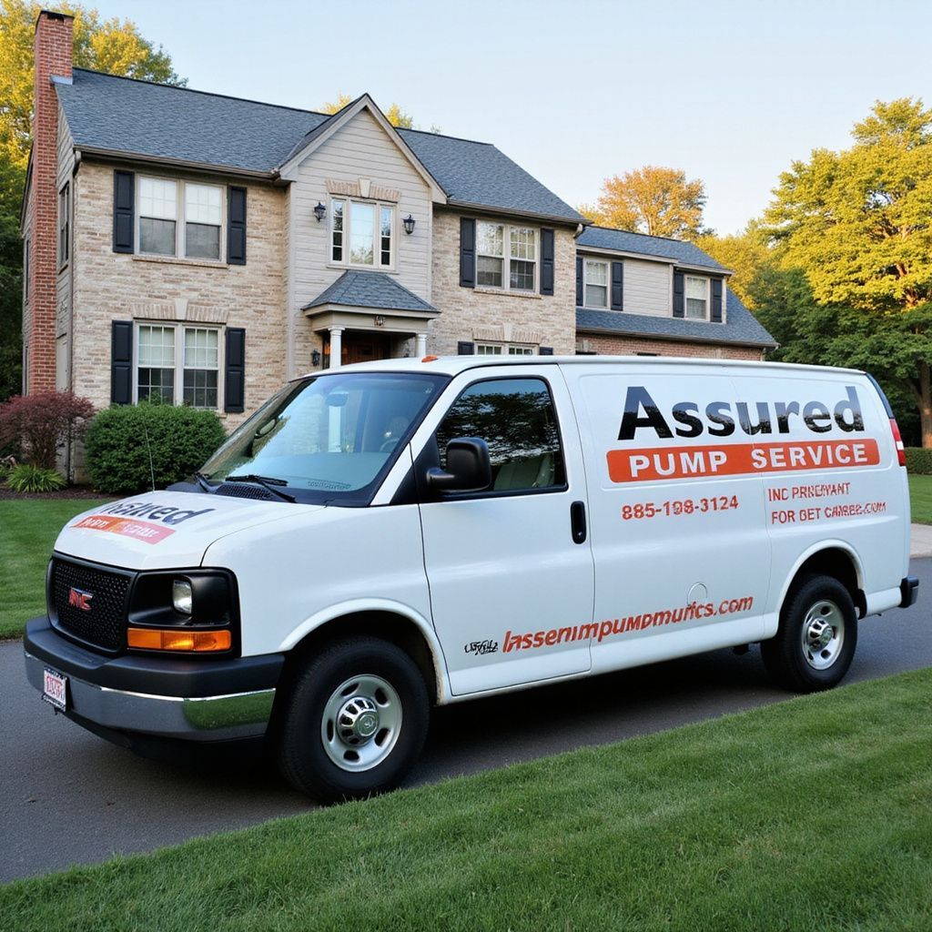 White Assured Pump Service van parked on a driveway in front of a house.