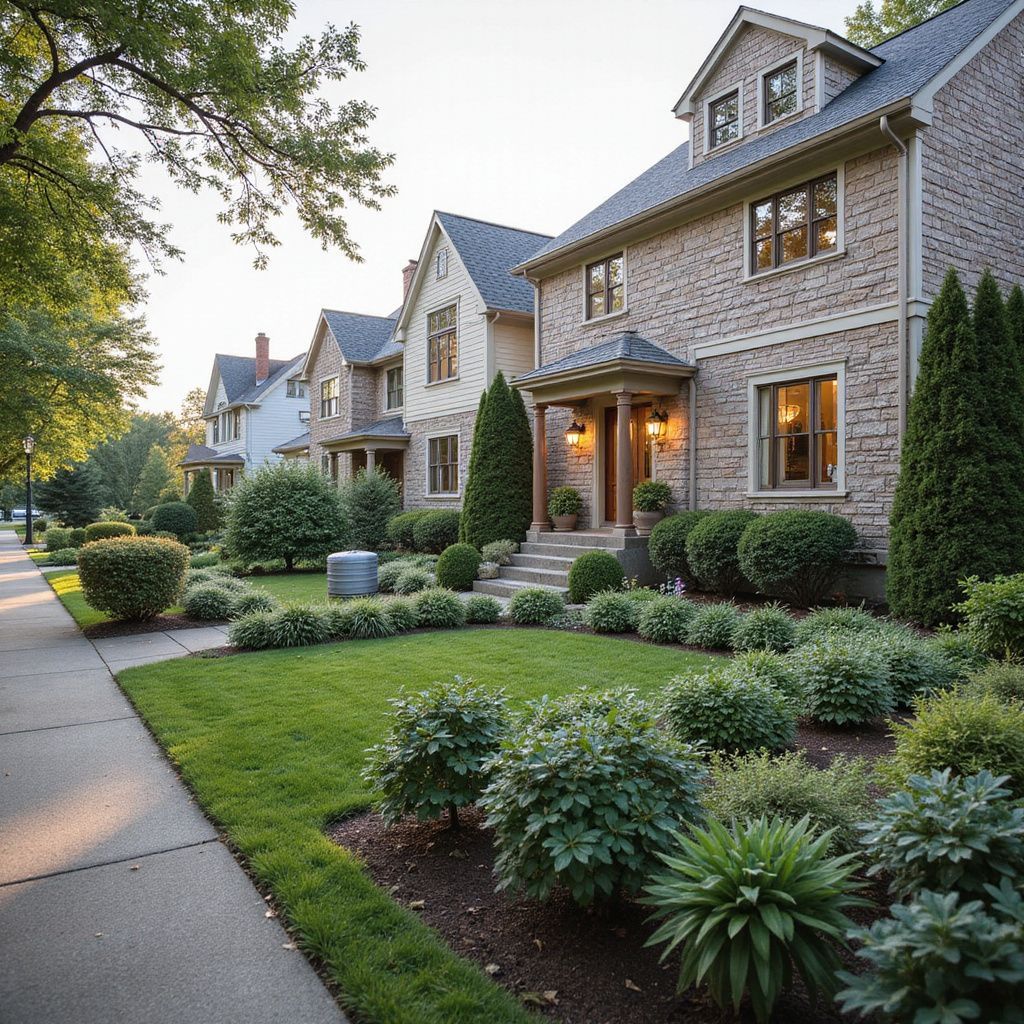 Row of brick houses with well-maintained lawns and landscaping, sidewalk on the left.