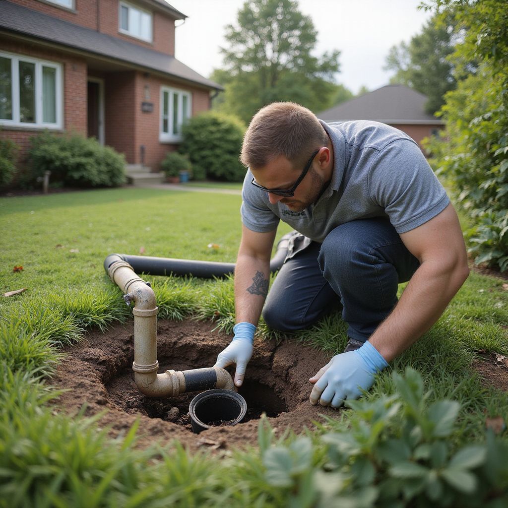 Man in blue gloves fixing plumbing in a yard, near a house.