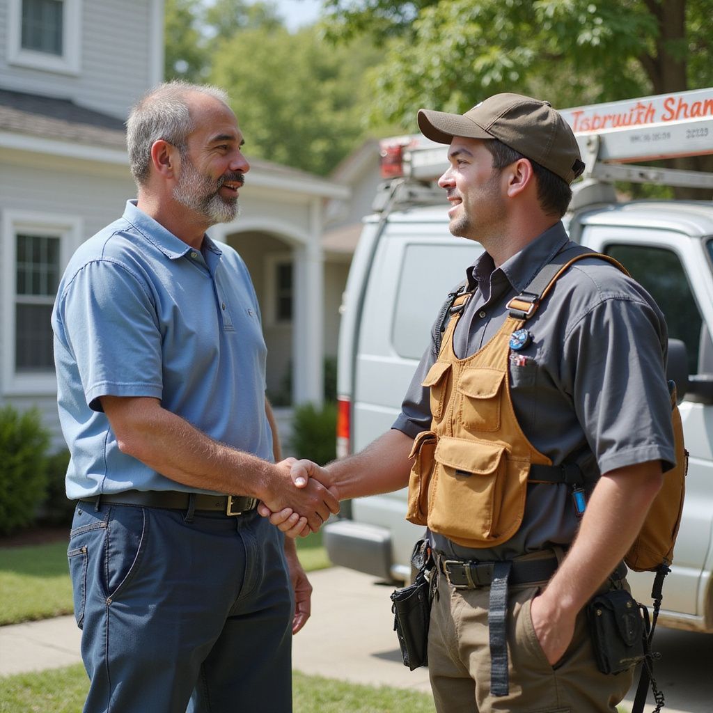 Man in blue shirt shakes hands with a worker in work attire outside a house; a van is in the background.