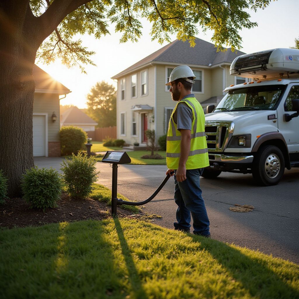 A utility worker in a safety vest inspecting equipment near a house, with a truck in the background.