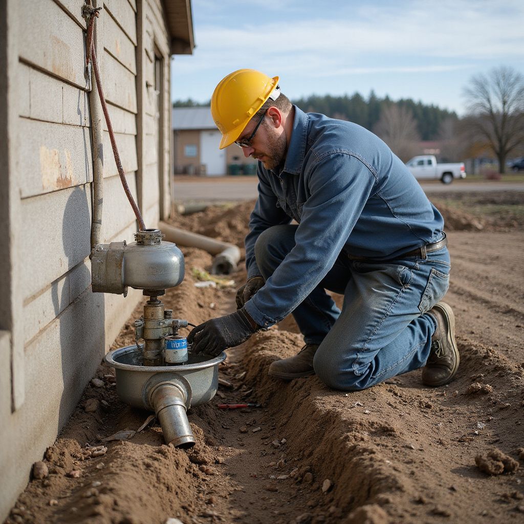 Man in work clothes, yellow helmet, kneels beside a building, working on a pipe.