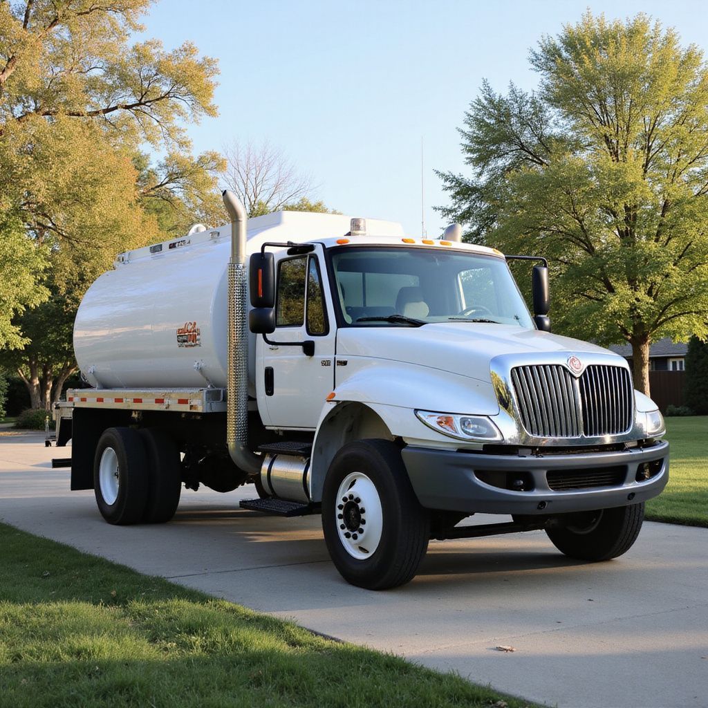 White water tanker truck parked on a paved road in a residential area.
