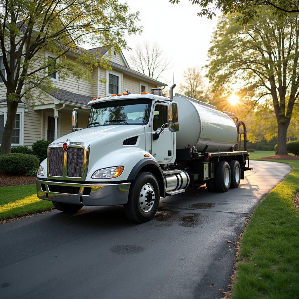 White septic tank truck parked on a driveway in front of a house, with trees and sunlight in the background.