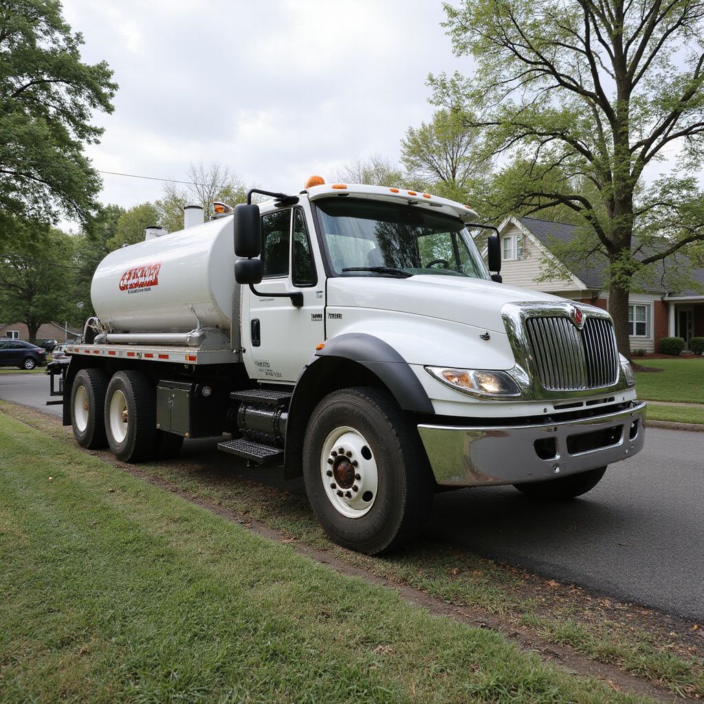 White water truck parked on the side of a road near a grassy area and trees.
