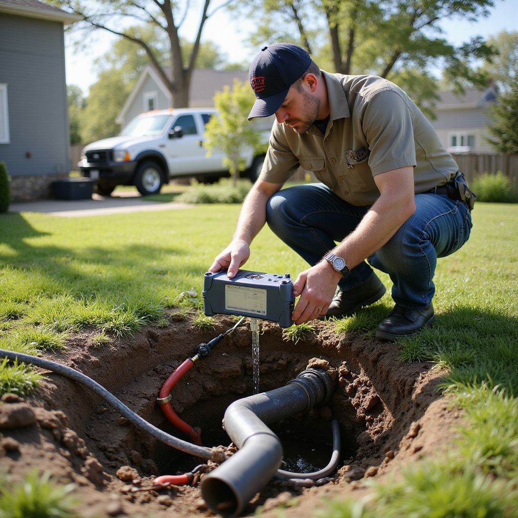 Man inspecting pipes in yard, holding equipment. He's crouching, with house and vehicle in the background.