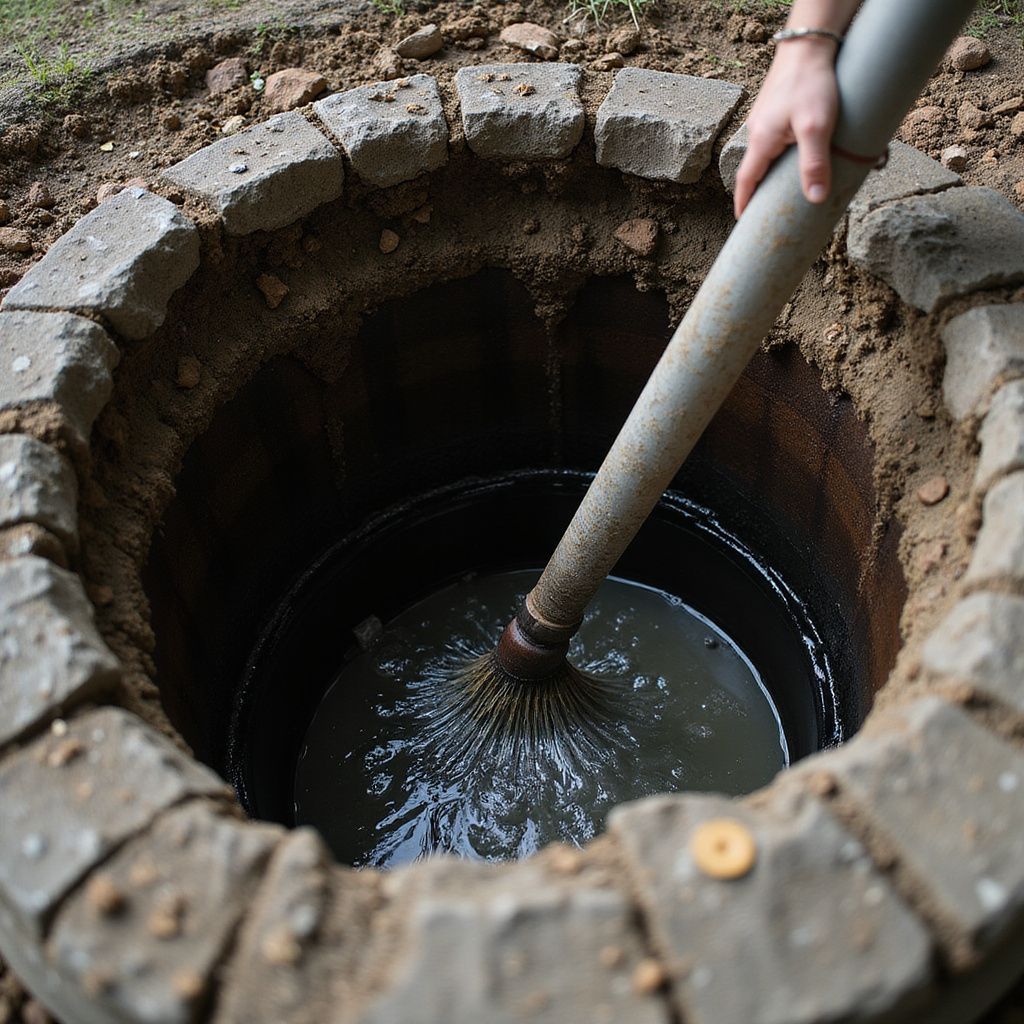Person using a tool to clean a water well, inside a circular stone structure.