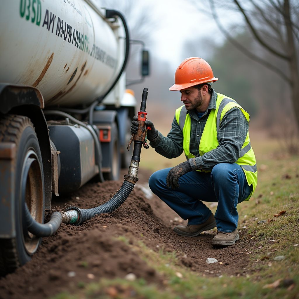 Man in safety gear connecting hose to tanker truck in a muddy ditch.