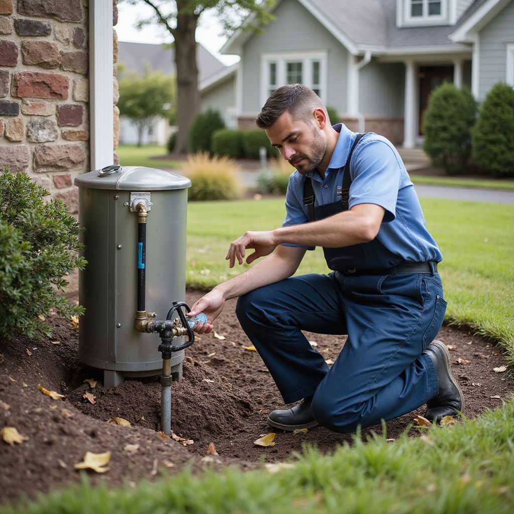 Man in blue overalls working on a water system near a house with greenery.