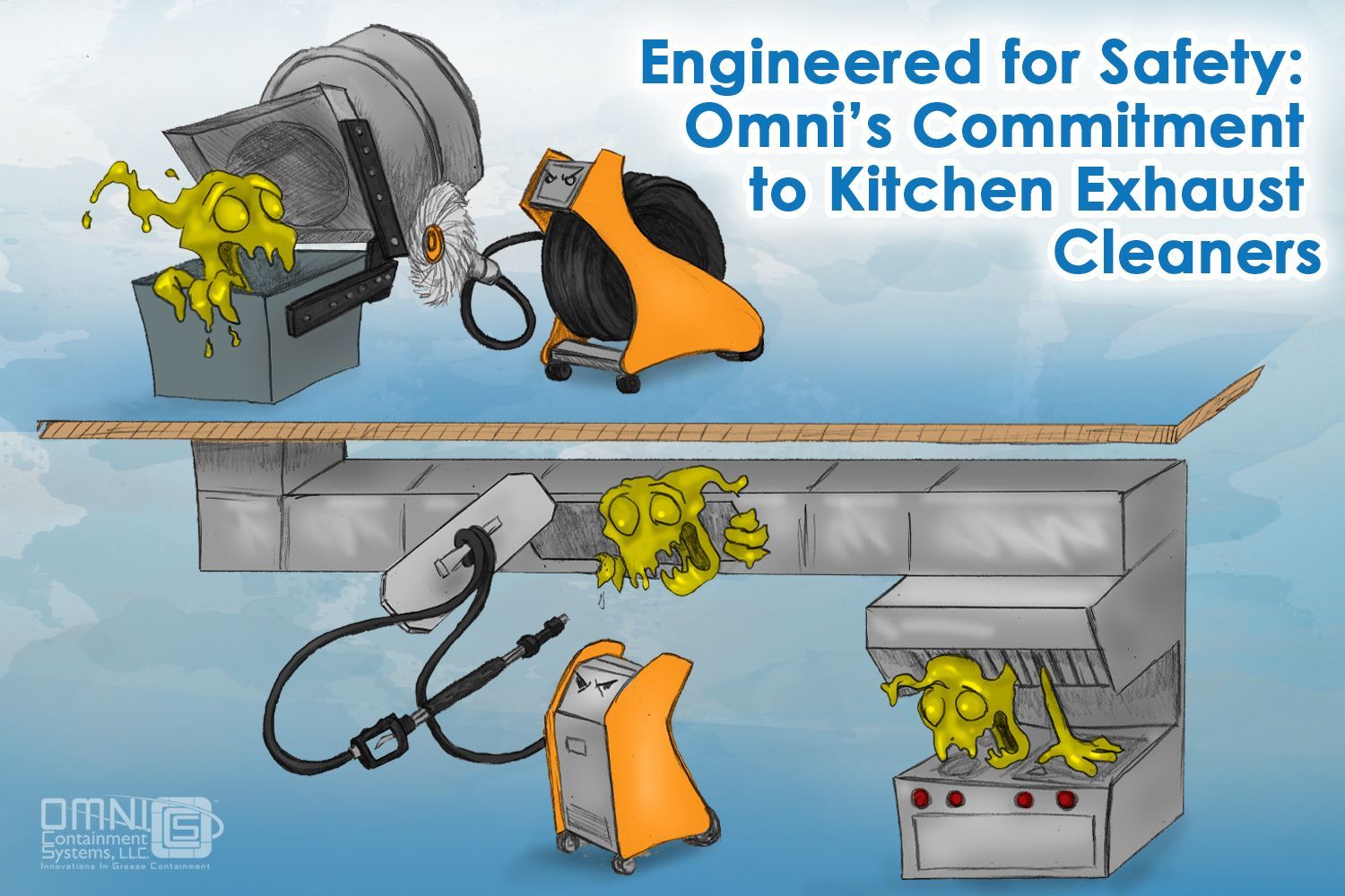 A cartoon illustration of a kitchen exhaust cleaner