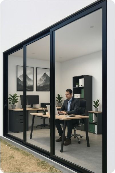 Hombre trabajando en una oficina moderna a través de una puerta corrediza de vidrio.