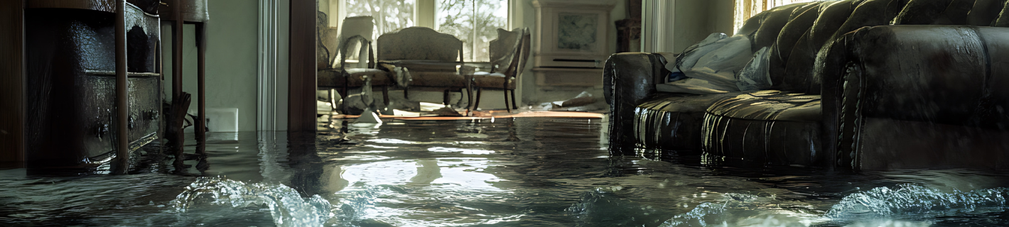 A flooded living room with a sofa and dining table visible in the background, water covers the floor.